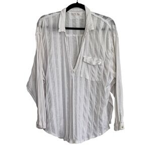 We The Free Free People White Striped Gauze V-Neck Tunic Shirt Womens Medium